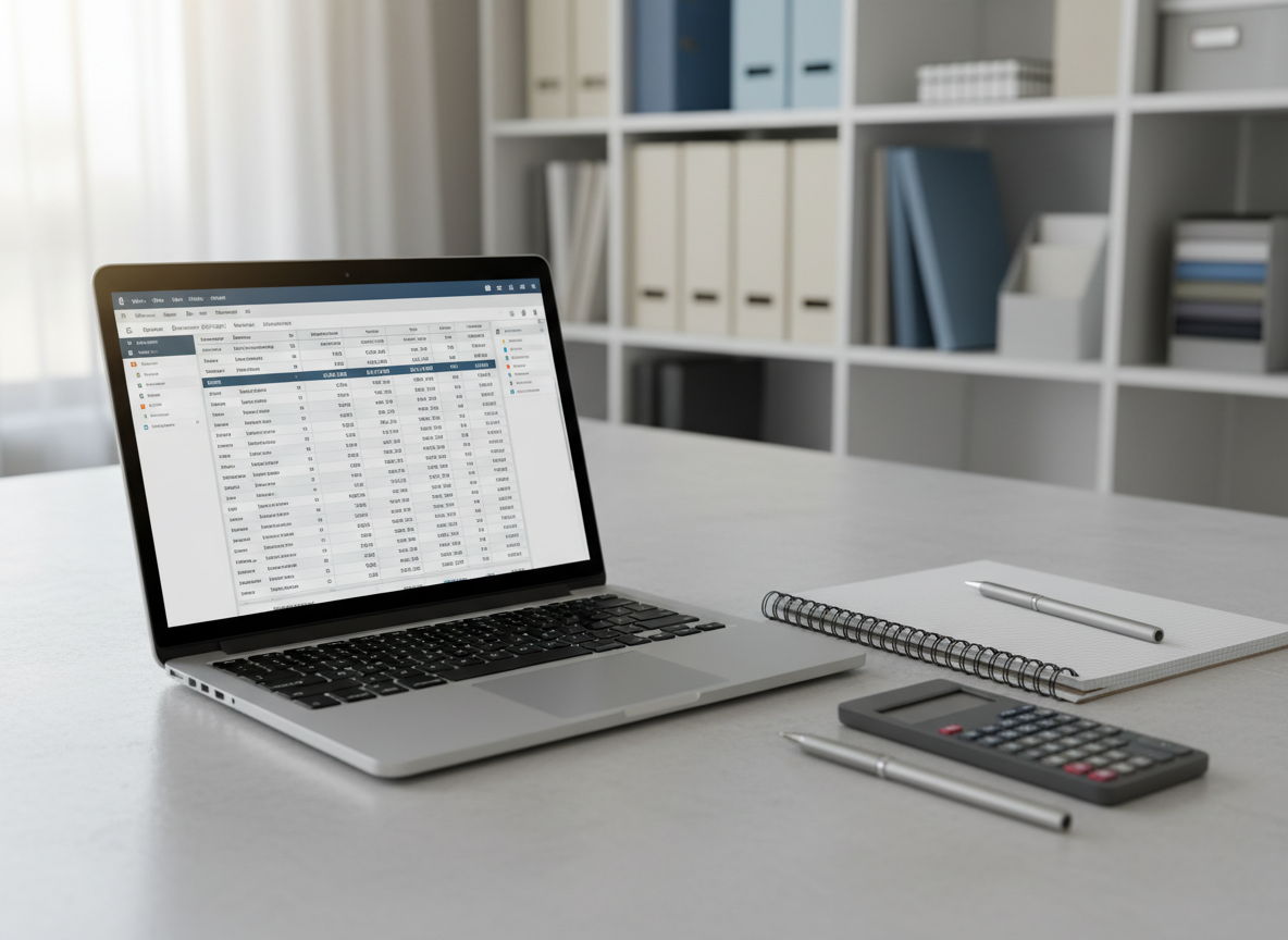 A close-up photographic view of a pristine, matte-finished, silver laptop screen displaying a detailed digital estimate and take-off sheet, set on a spotless, neutral-hued work table. Next to the laptop are a neatly arranged notepad, a mechanical pencil, and a sleek, muted-toned calculator. The background showcases a faintly blurred office shelving unit with organized folders and sample material swatches. Bright, indirect daylight enters through a nearby window, illuminating the screen and emphasizing the sharpness of digital documents. The mood is focused and contemporary, with a strong sense of order and meticulousness. Framed from a slightly elevated angle with sharp focus throughout, the style is photographic realism with a corporate, structured layout. This image communicates efficiency and remote accessibility, supporting the remote construction estimating niche.