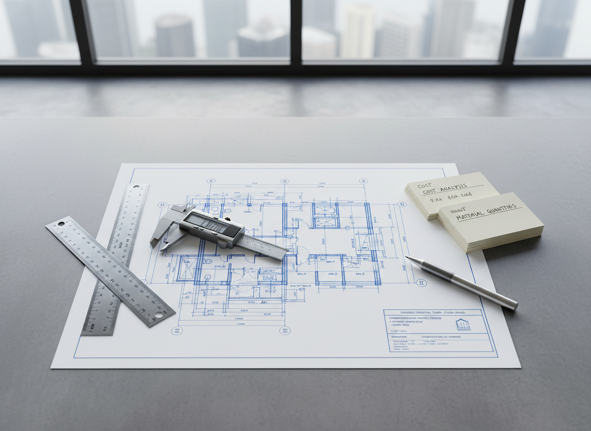 An immaculate, architectural flat lay of a detailed construction blueprint spread neatly on a smooth concrete desk, surrounded by high-quality measuring tools—stainless steel caliper, metal ruler, and a stack of neutral-toned index cards. The scene is set in a modern office with large glass windows in the background, letting in soft, diffused daylight that creates gentle shadows and clean highlights across the precise lines of the blueprint. The mood is calm, ordered, and professional, evoking precision and reliability. Captured from a directly overhead, bird’s eye view, the composition uses balanced spacing for a structured, corporate feel. The photographic realism and minimal color palette reinforce trustworthiness and align with a clean, modern business aesthetic. Perfect for demonstrating the accuracy and organization at the core of construction estimating services.