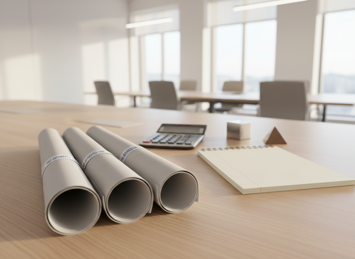 A precise, highly detailed image of a stack of light-grey architectural plans rolled and secured with professional, branded bands, lying diagonally atop a clean, engineered wood desk. In the background rests a high-resolution, neutral-colored calculator, unused notepads, and tastefully arranged metallic paperweights. The environment reflects a modern, sunlit office interior defined by clean lines and uncluttered surfaces, with balanced natural daylight gently highlighting textures without harsh glare. The atmosphere is quietly authoritative and structured, evoking the confidence of a seasoned estimating service. Photographed from a three-quarters angle with careful attention to depth—plans in crisp focus and background softly diffused. The style embodies photographic realism with corporate precision, aligning with construction estimating accuracy.
